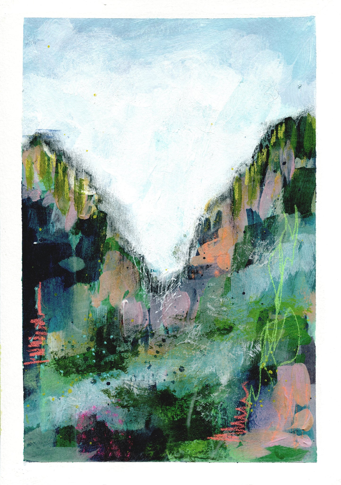 An original abstract landscape painting featuring lush green tones with a mountainous terrain and a sky background, indicating a spring or summer scene.