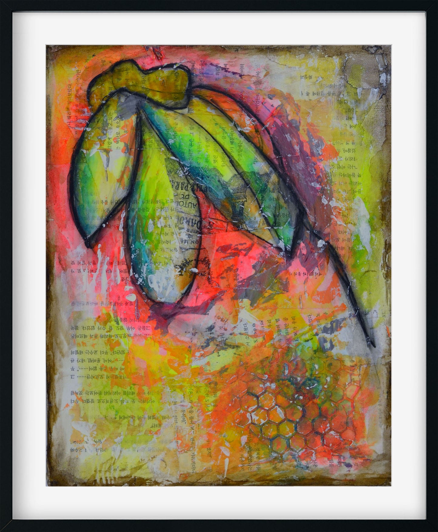 Abstract flower garden hand painted mixed media painting on canvas panel 11x14, original neon art acrylic and watercolor painting - Carved Effects
