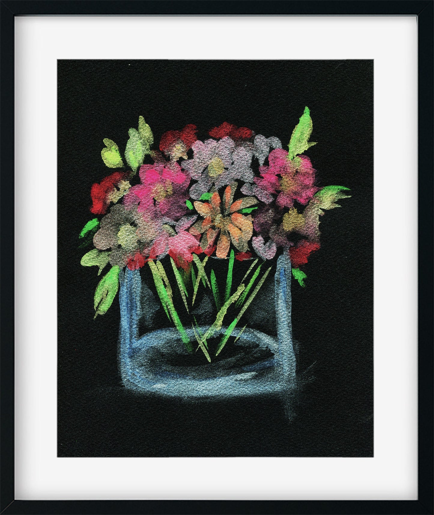 Glass vase of blooming flowers original watercolor painting on black paper 8x10