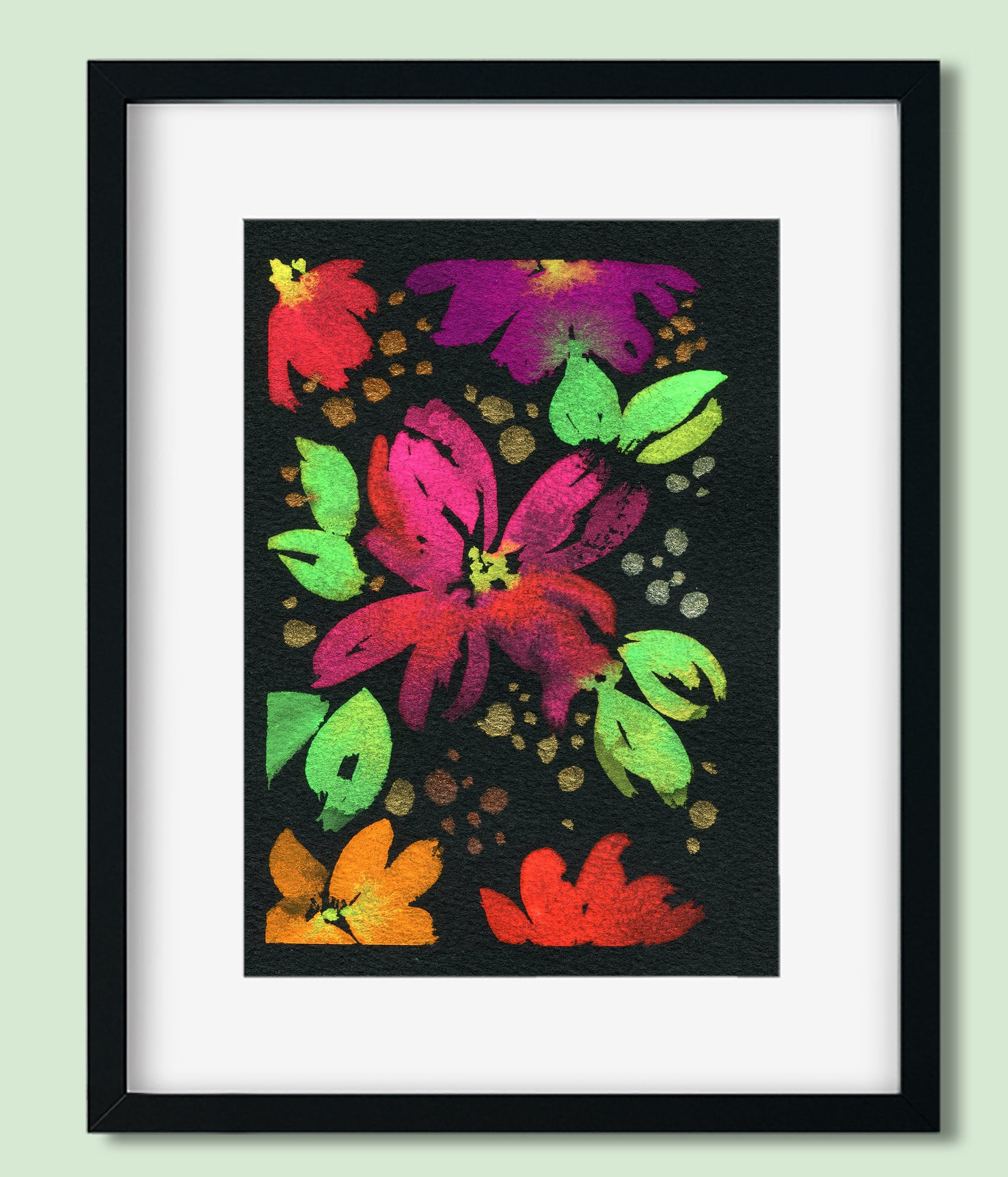 Neon and metallic hand painted flowers original watercolor painting