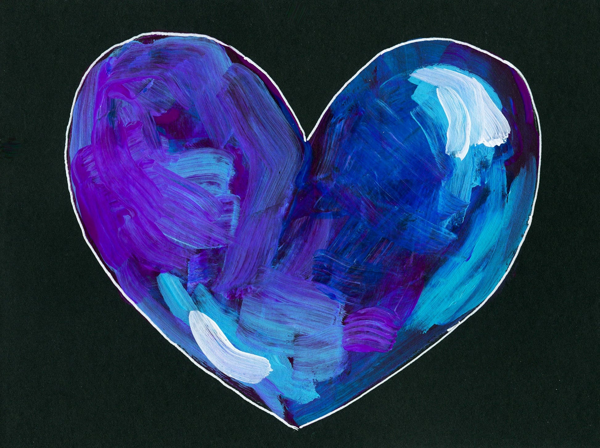 A neon blue and purple heart-shaped mixed media abstract painting with white doodles on black paper, sealed with a UV archival varnish.