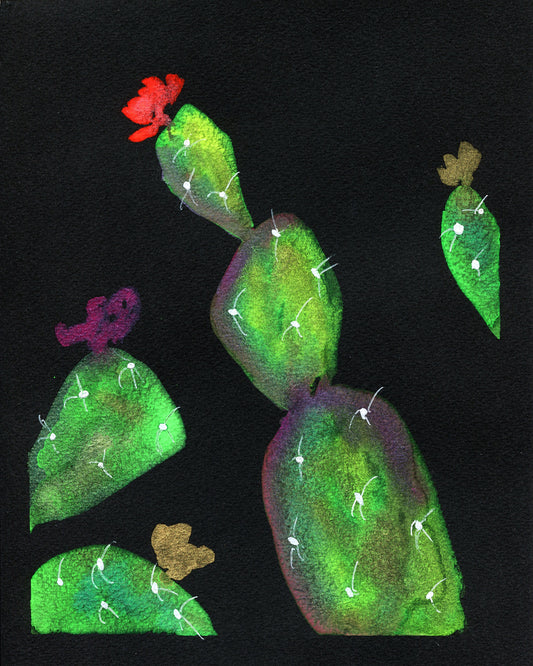 A watercolor painting of a green cactus with purple accents on a black background, with a small inset image showing a detail of the cactus's flower.