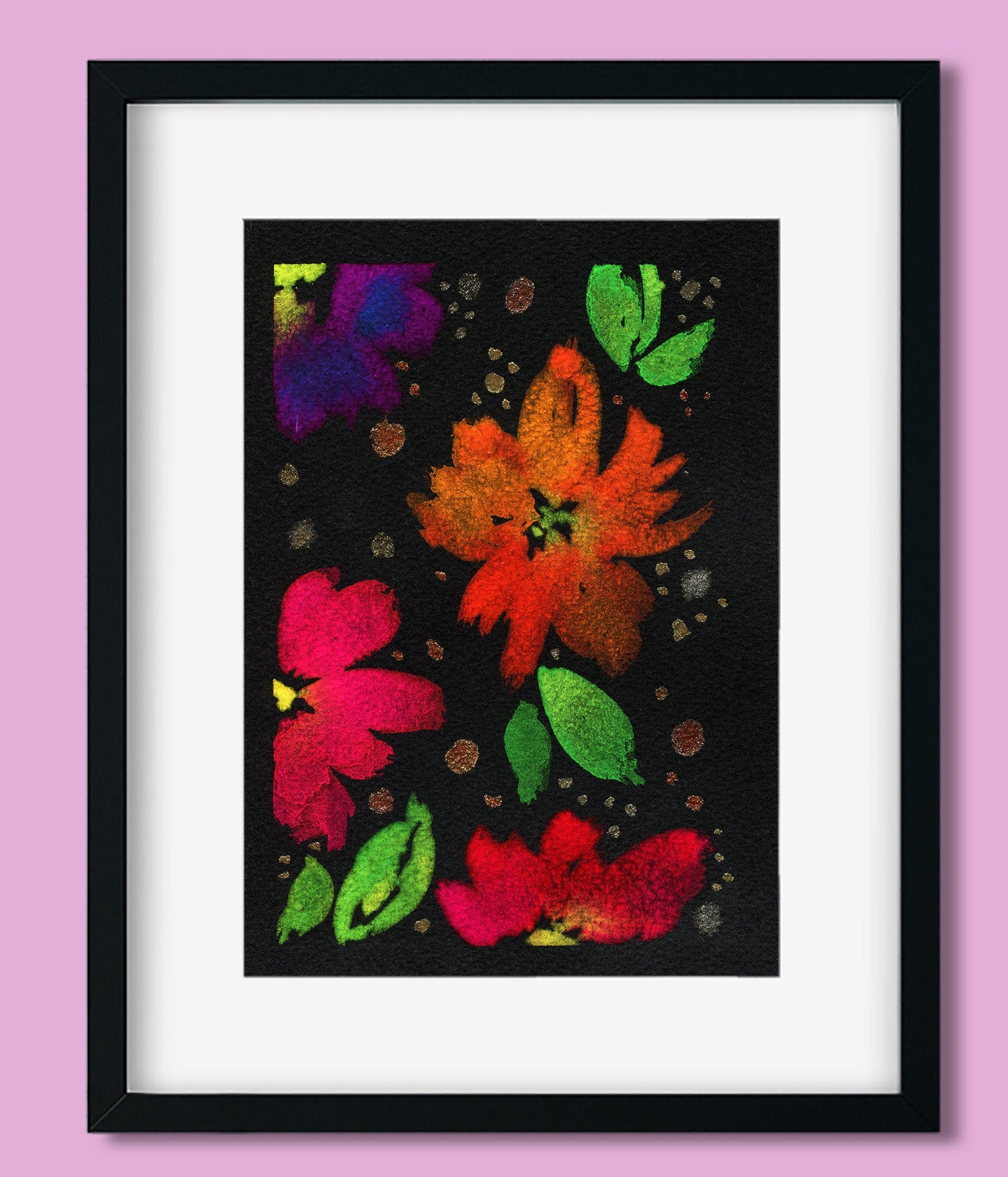 Neon flowers original hand painted watercolor painting on black paper