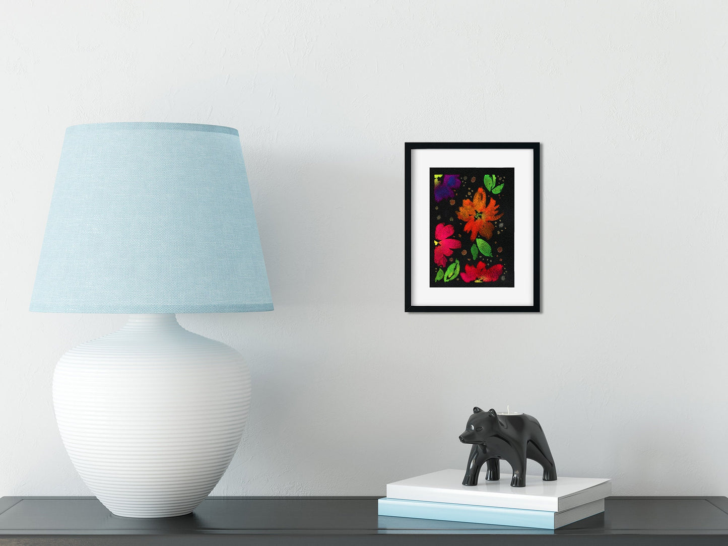 Neon flowers original hand painted watercolor painting on black paper