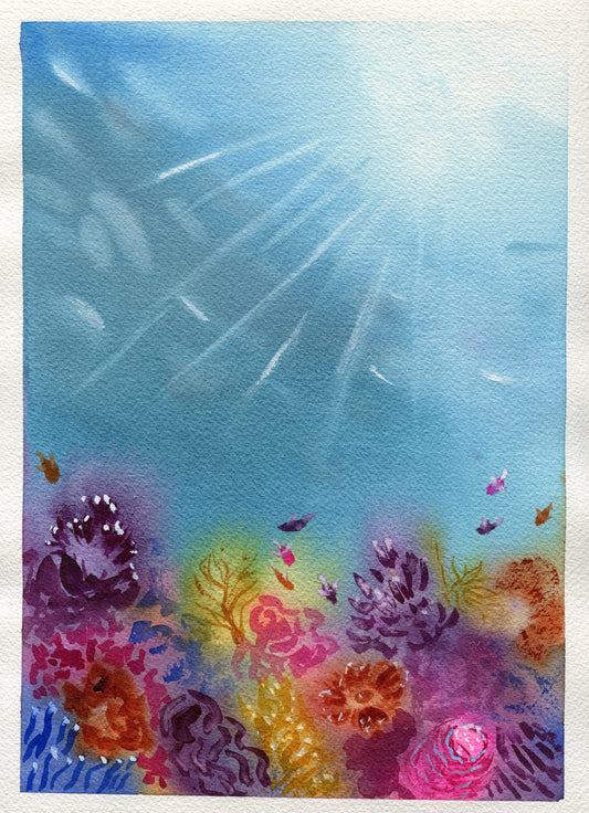 Colorful underwater scene with coral and fish, watercolor style.