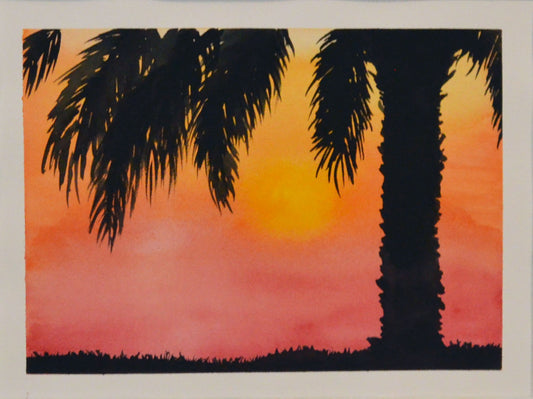 Original watercolor painting of palm trees with a sunset background, depicted in pink, yellow, and purple hues.