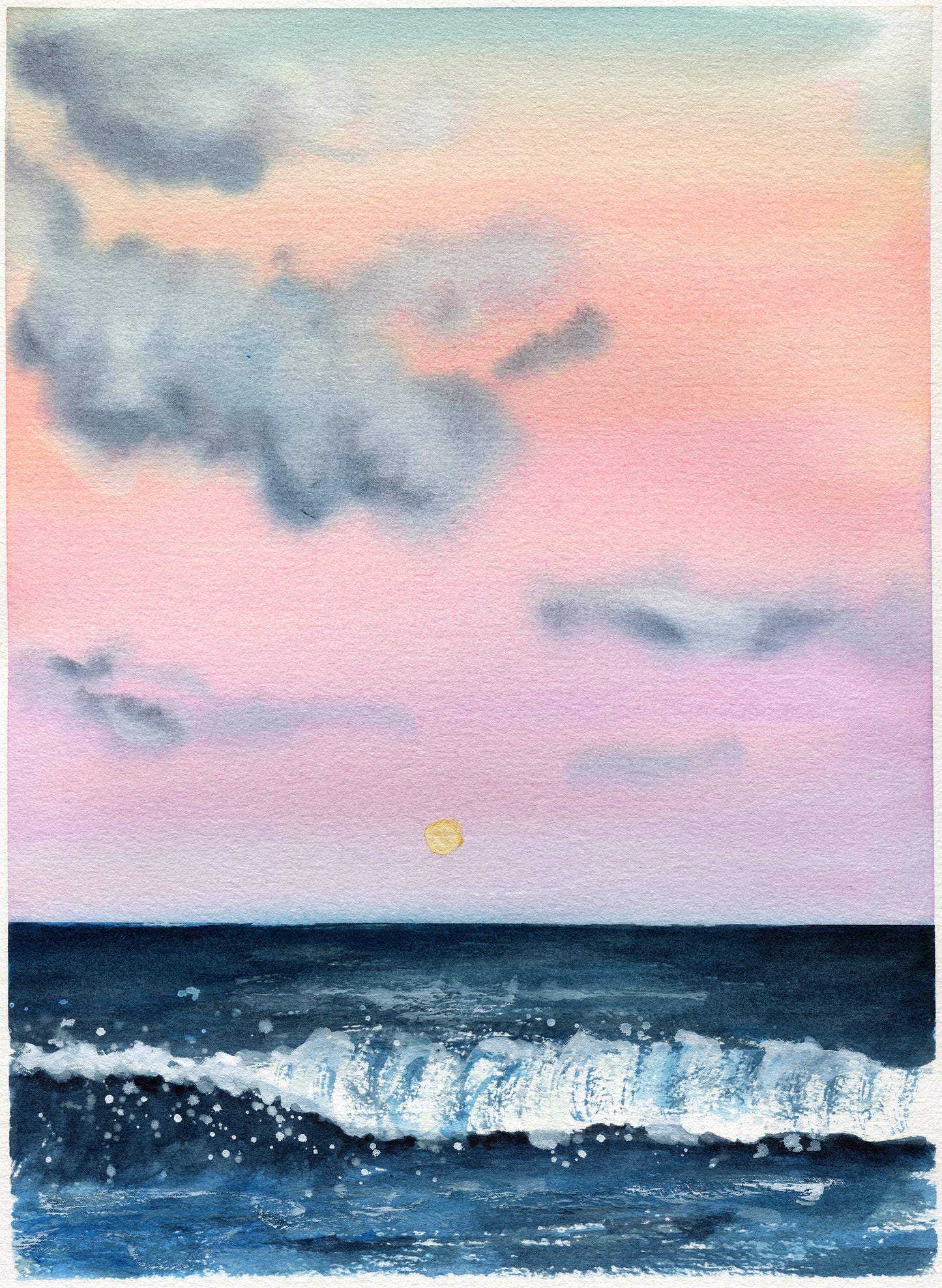 Watercolor painting of a sunset over the ocean with a pink and blue sky.