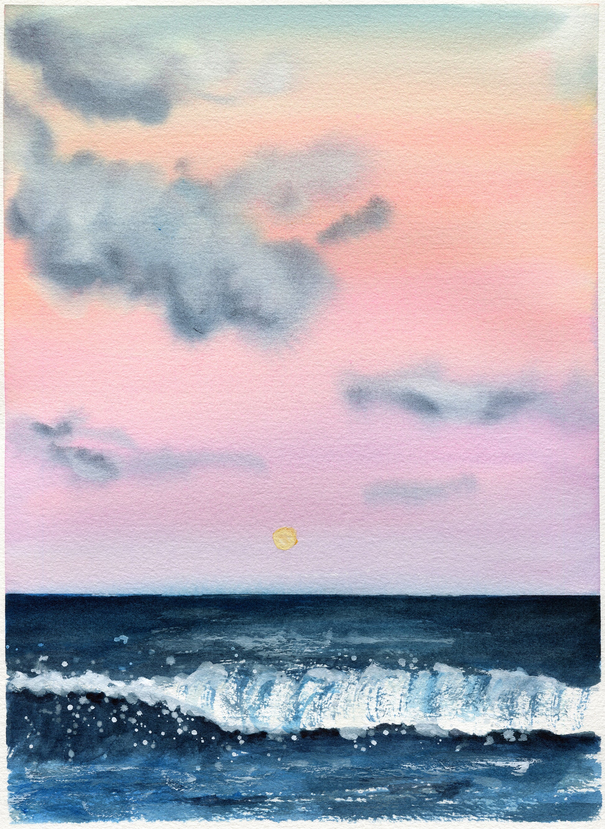 Watercolor painting of a sunset over the ocean with a pink and blue sky.