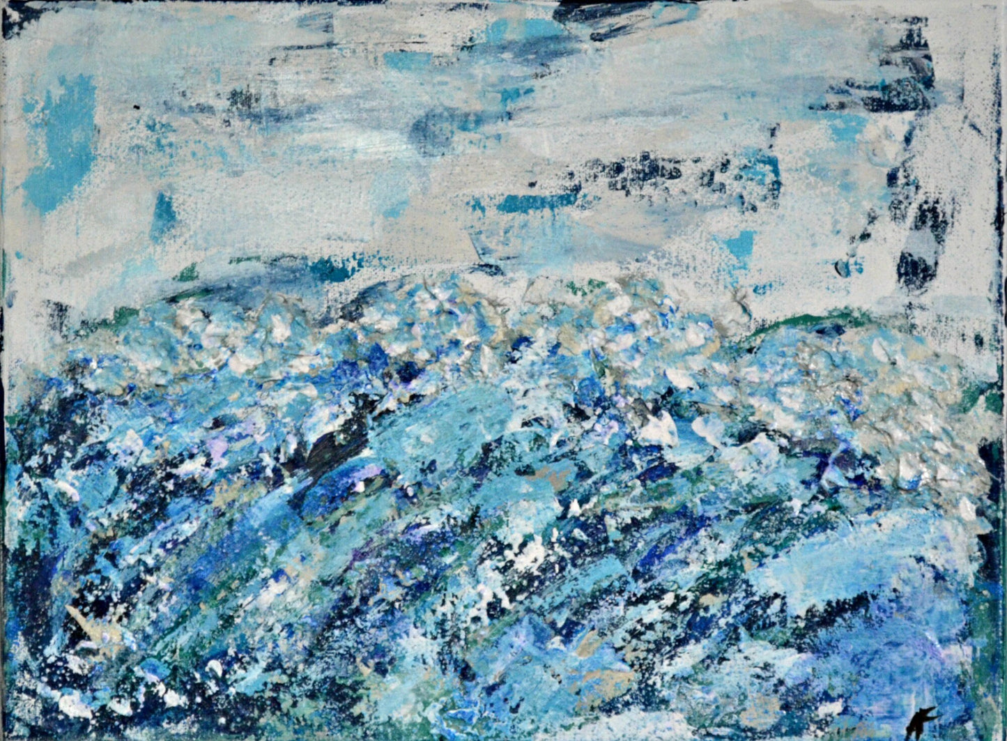 An abstract acrylic painting featuring layers of blue and white hues to represent ocean waves, with a textured brushstroke effect.