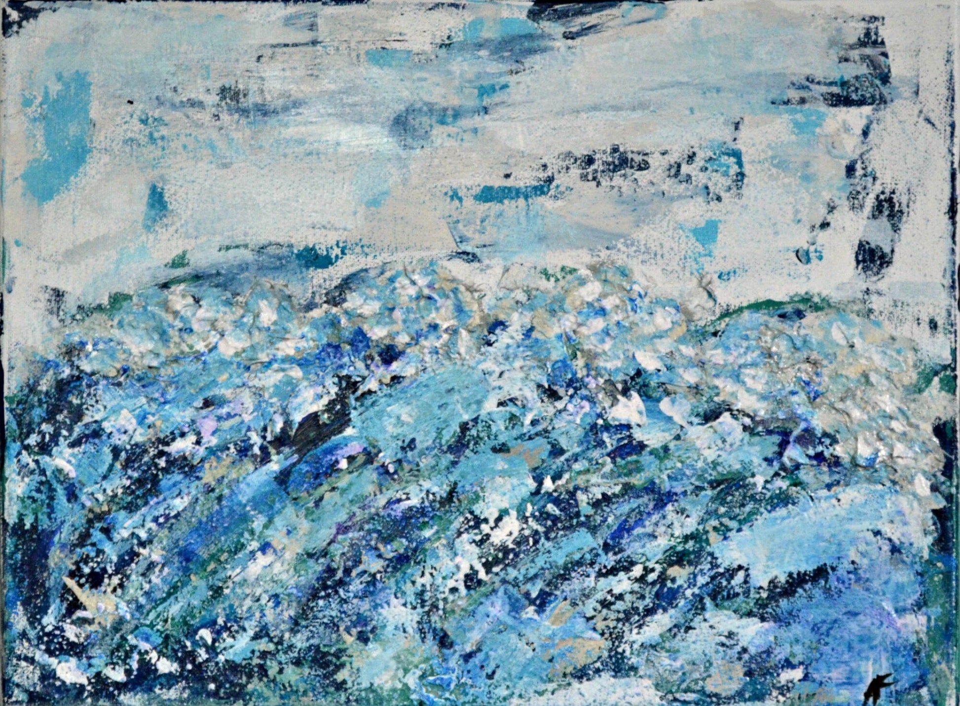 An abstract acrylic painting featuring layers of blue and white hues to represent ocean waves, with a textured brushstroke effect.