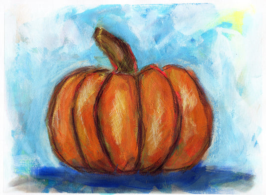 Original watercolor painting of an orange pumpkin with a blue background, signed by the artist.