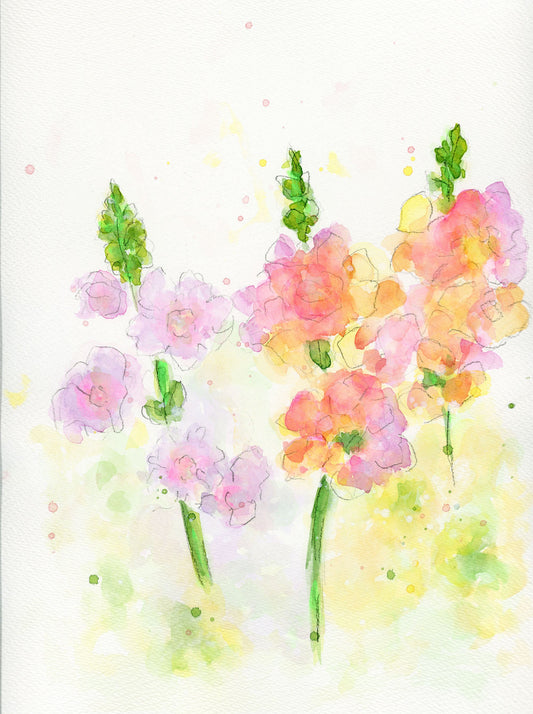 A watercolor painting of snapdragon flowers with vibrant pink, orange, and purple hues on a white background.