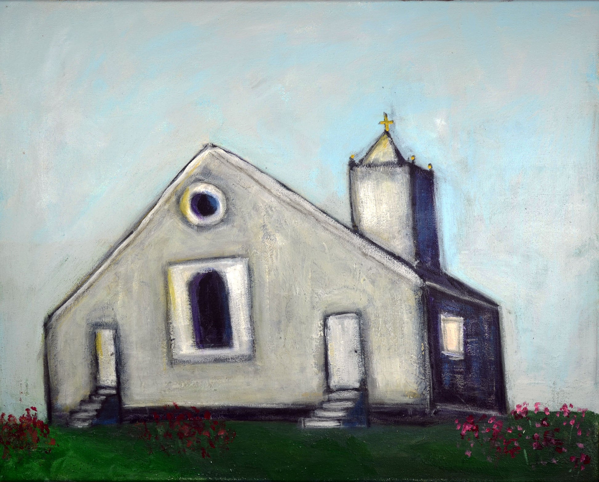 Acrylic painting of an old country church with a steeple, predominantly gray and white colors, with flower fields in the background.