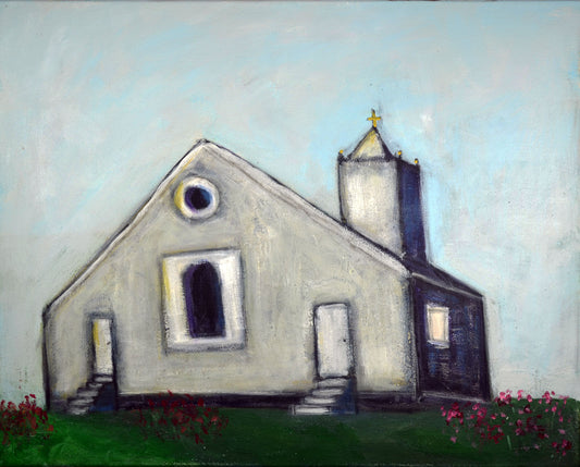 Acrylic painting of an old country church with a steeple, predominantly gray and white colors, with flower fields in the background.