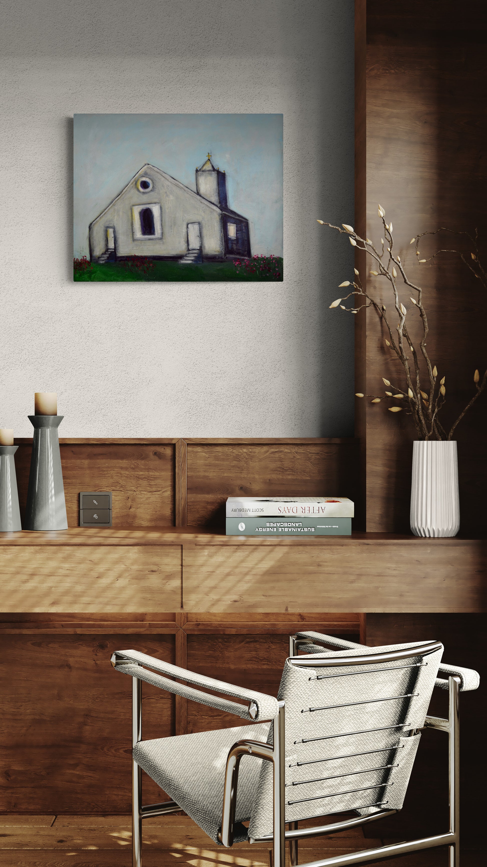 Original acrylic old country church painting on canvas