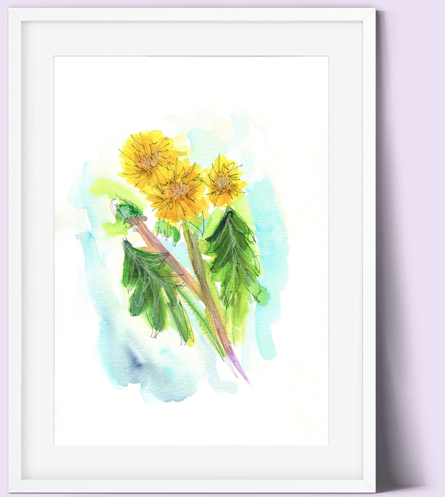 Original 9x12 dandelion watercolor painting, yellow botanical wall art, spring flower theme decor