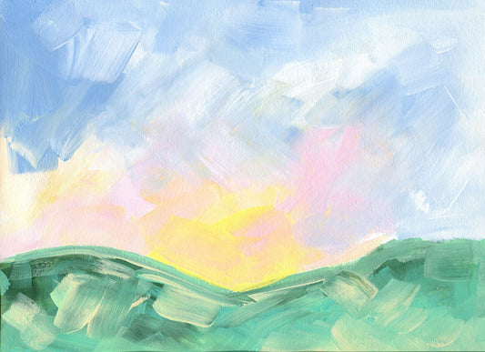 Painterly pastel colored landscape acrylic painting on paper 9x12