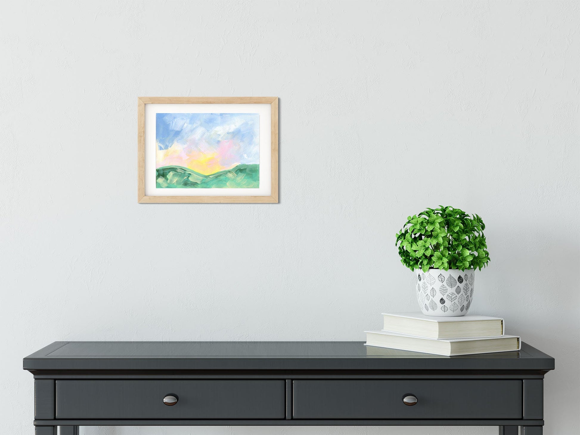 Painterly pastel colored landscape acrylic painting on paper 9x12