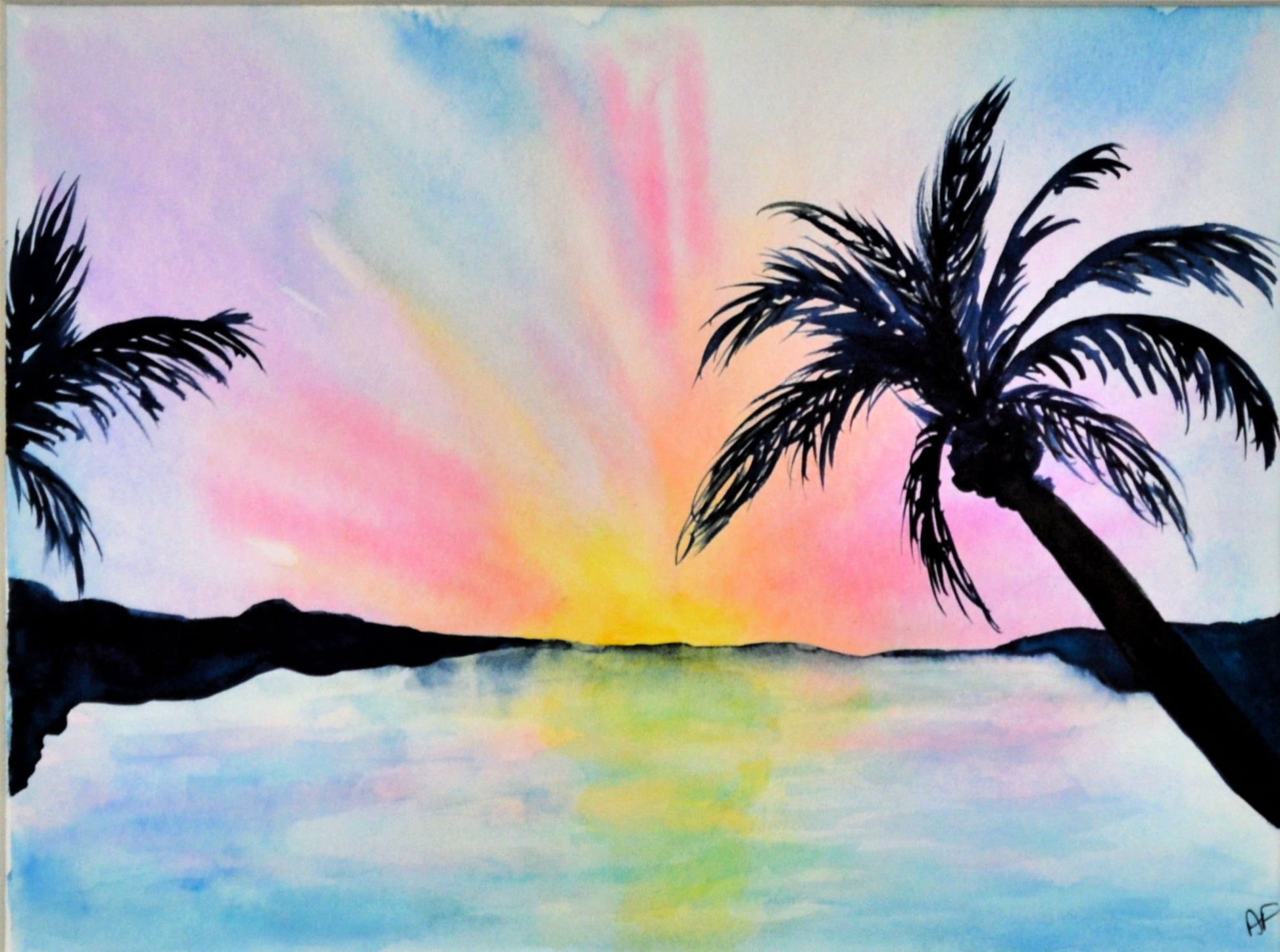A watercolor painting of a sunset with palm trees, depicted in vibrant colors with a pink and yellow sunset, and black palm trees against a white background.