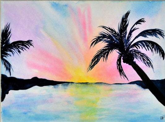 A watercolor painting of a sunset with palm trees, depicted in vibrant colors with a pink and yellow sunset, and black palm trees against a white background.