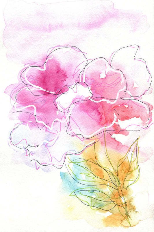 Hand painted watercolor floral artwork in pink and purple with a line and wash artistic style.