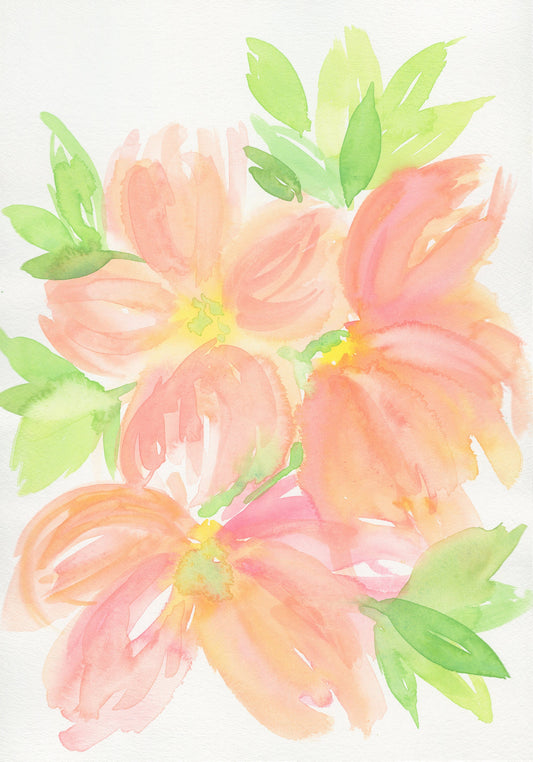 A watercolor painting of peach colored fantasy flowers with green leaves, signed by the artist.