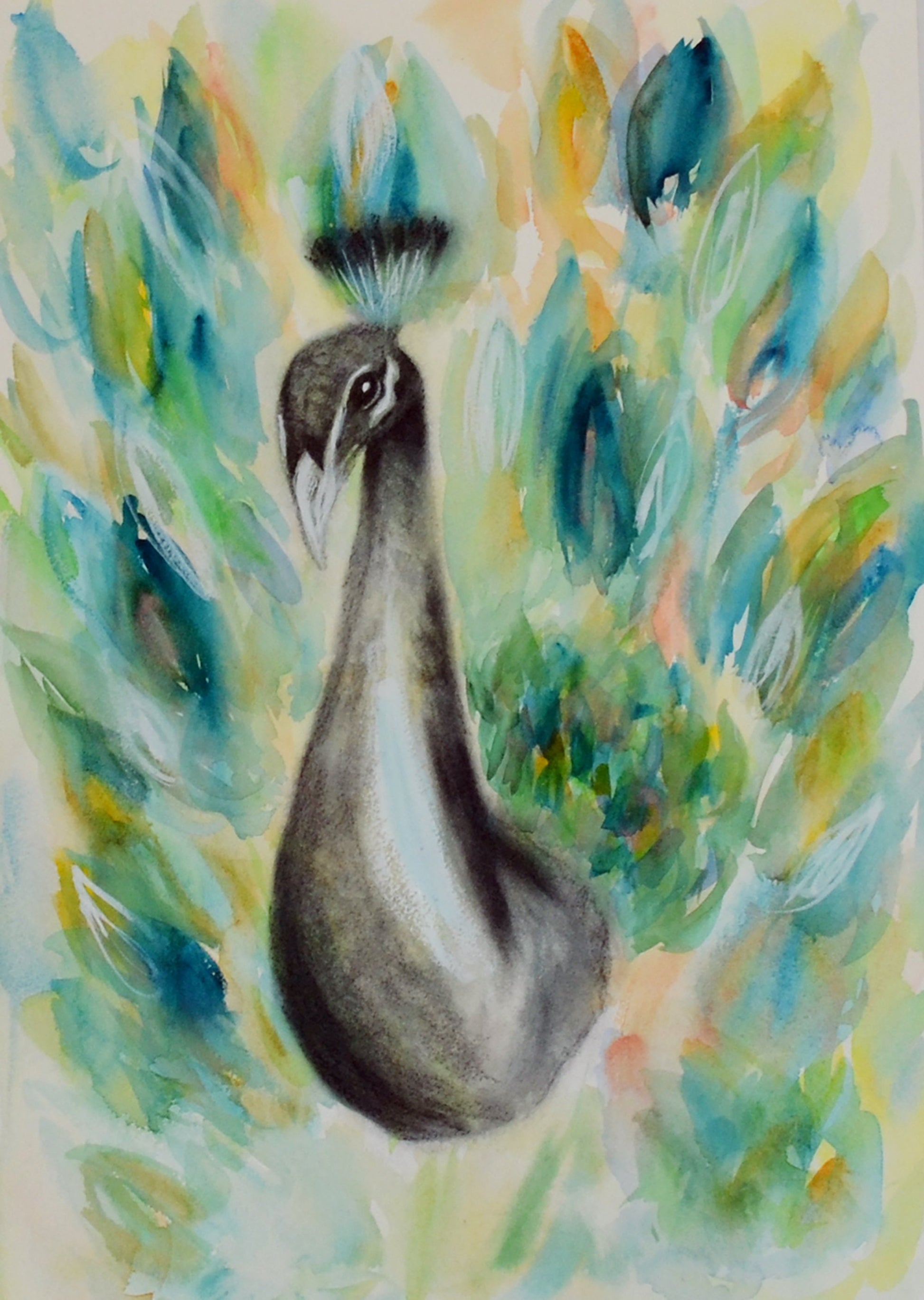 Hand painted watercolor and charcoal painting of a peacock with blue, green, and yellow colors on a 14x20 inch paper.