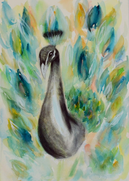Hand painted watercolor and charcoal painting of a peacock with blue, green, and yellow colors on a 14x20 inch paper.