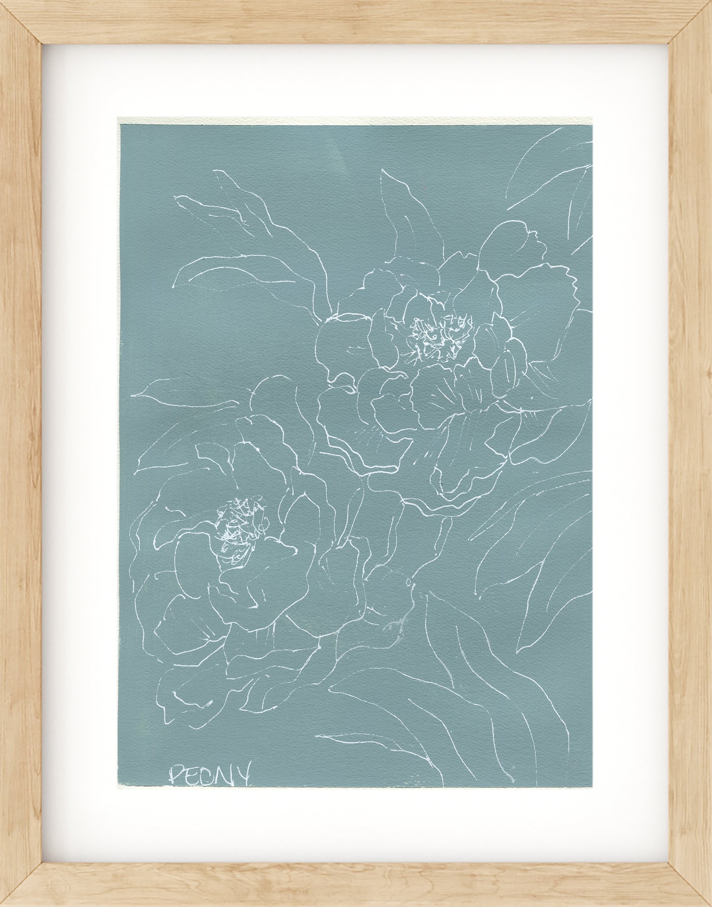 Peony line drawing over acrylic paint on paper 9x12 - carved effects