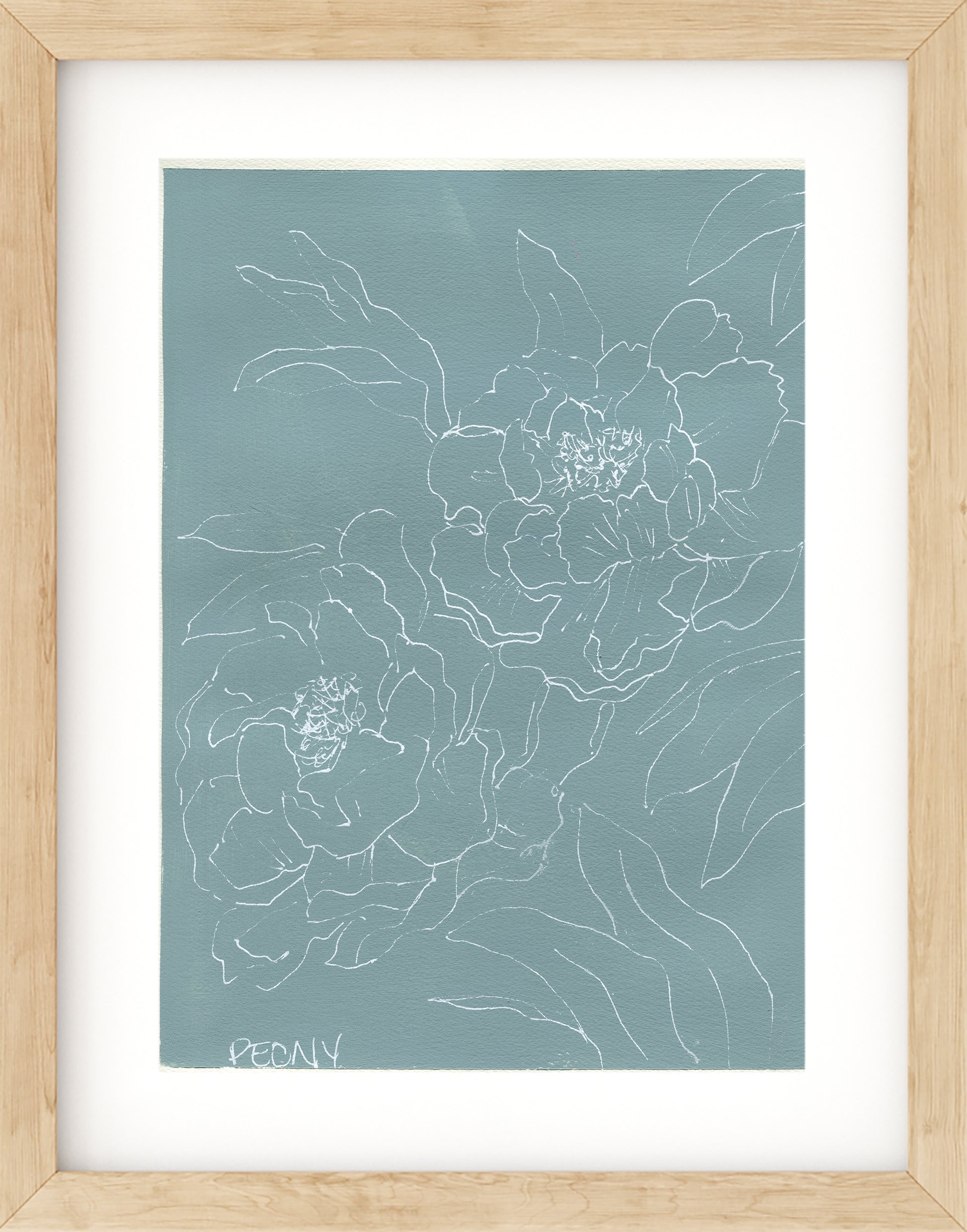 Peony line drawing over acrylic paint on paper 9x12 - carved effects