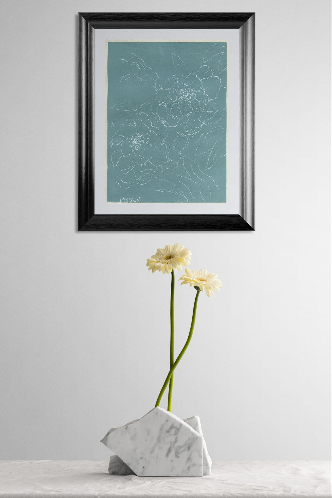 Peony line drawing over acrylic paint on paper 9x12 - carved effects
