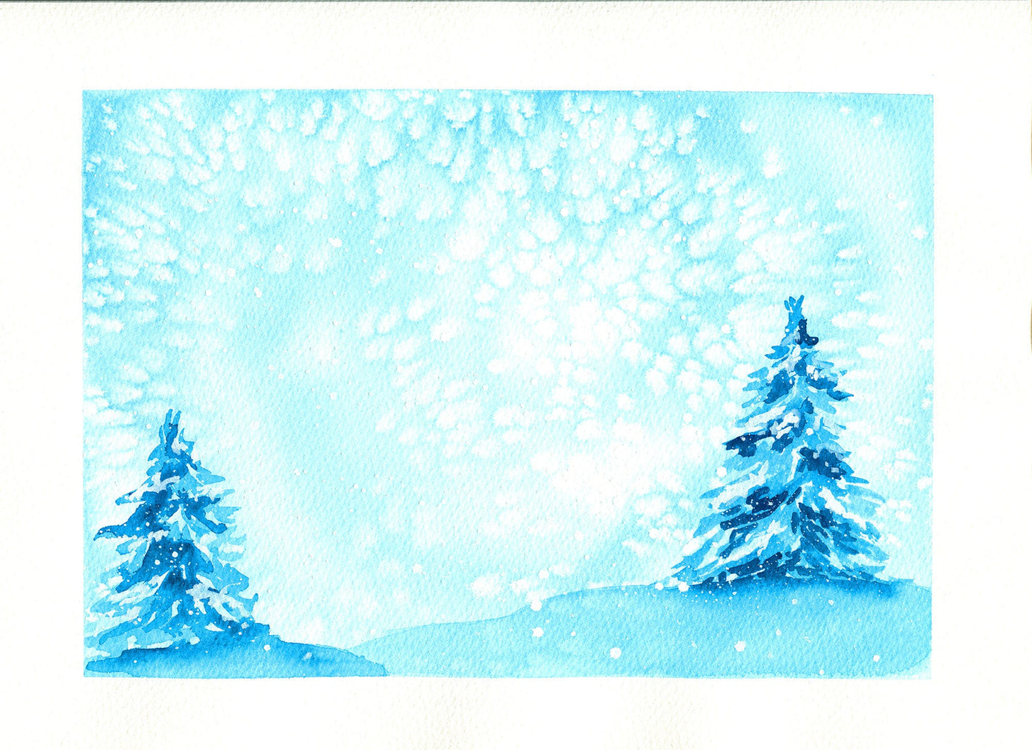A hand painted watercolor painting of blue pine trees in a winter snowstorm on a white background, without a frame.