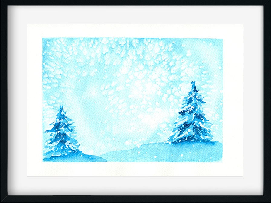 Pine tree forest winter snowstorm hand painted watercolor painting