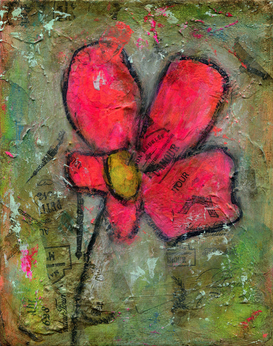 Original abstract mixed media painting featuring a bright pink floral design on a textured background with various mark-making techniques.