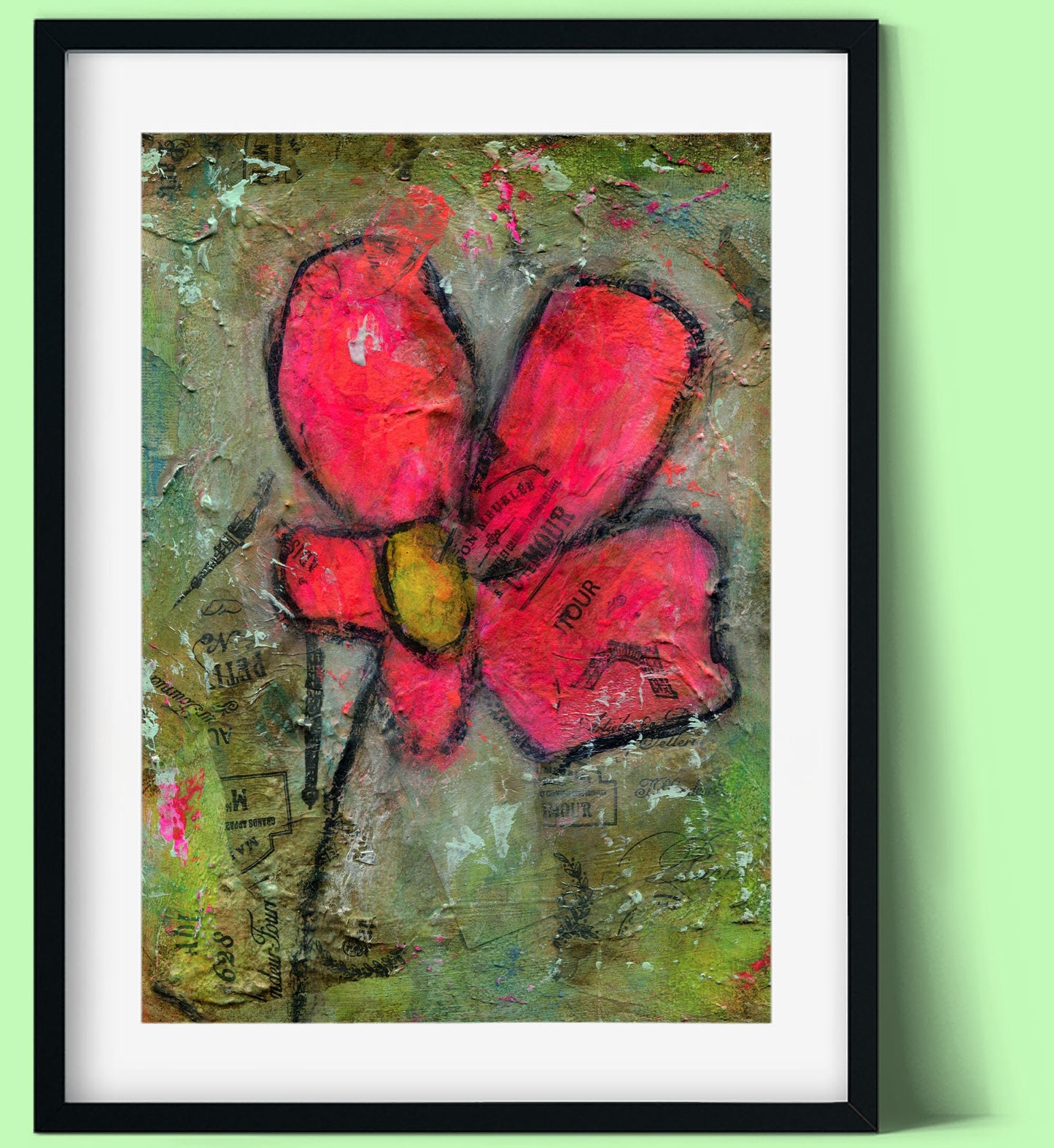Pink abstract flower garden mixed media painting