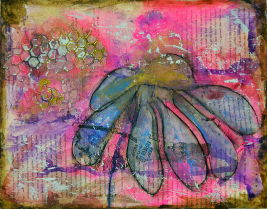 Abstract flower garden hand painted mixed media painting on canvas panel 11x14, original pink and blue art acrylic and watercolor painting - Carved Effects