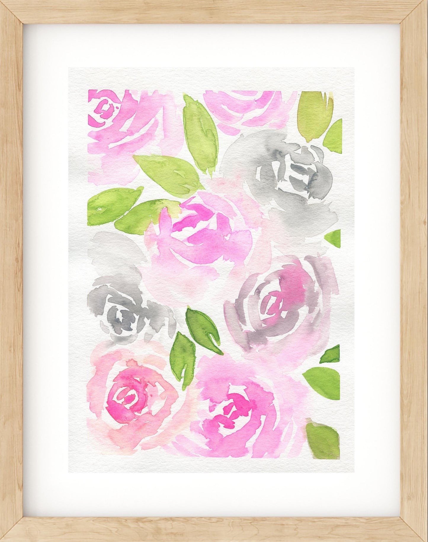 Roses bouquet original watercolor painting 9x12, pink and gray rose original watercolor, floral wall decor