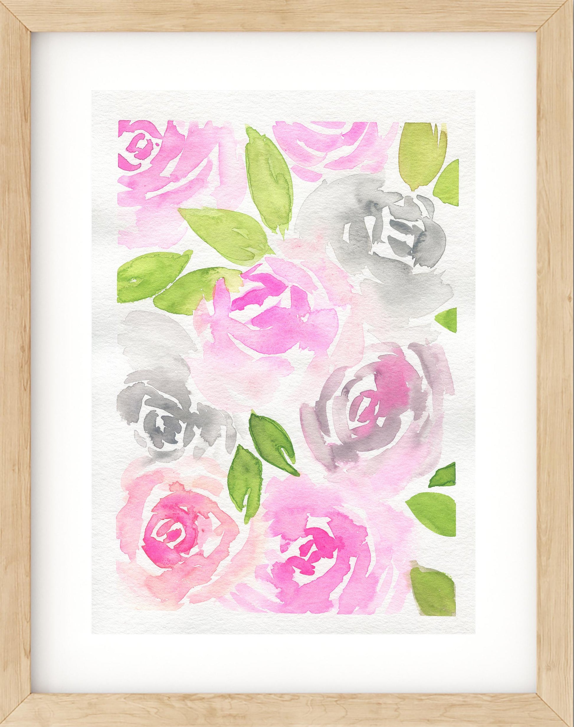 Roses bouquet original watercolor painting 9x12, pink and gray rose original watercolor, floral wall decor