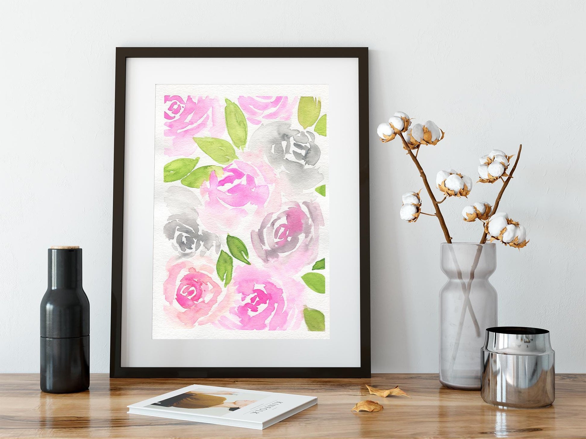 Roses bouquet original watercolor painting 9x12, pink and gray rose original watercolor, floral wall decor