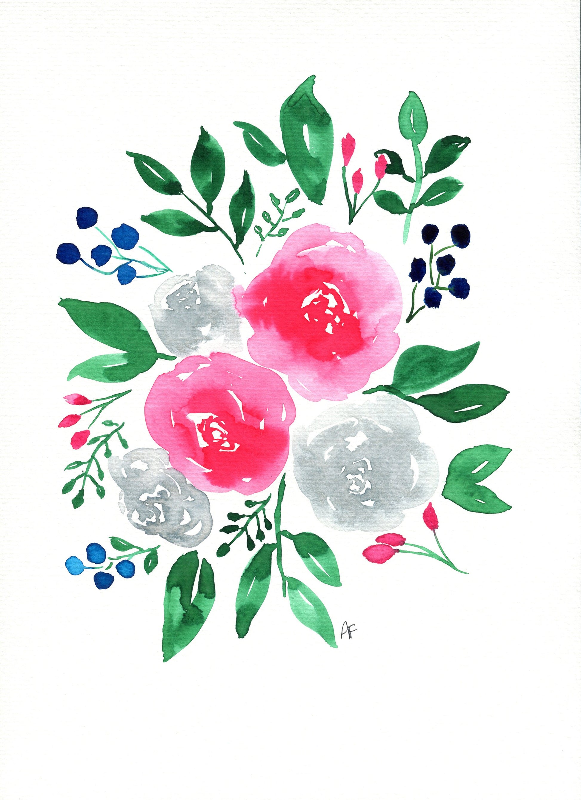 A watercolor painting of a bouquet featuring pink and gray roses with green leaves, signed by the artist.