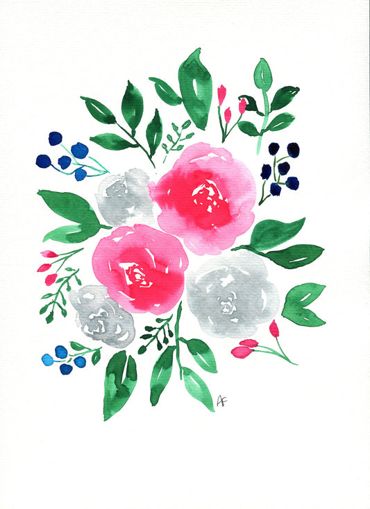 A watercolor painting of a bouquet featuring pink and gray roses with green leaves, signed by the artist.