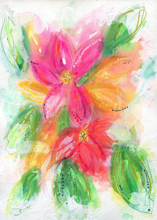 A watercolor painting of pink and orange hand-painted flowers with abstract elements and dots around the edges.