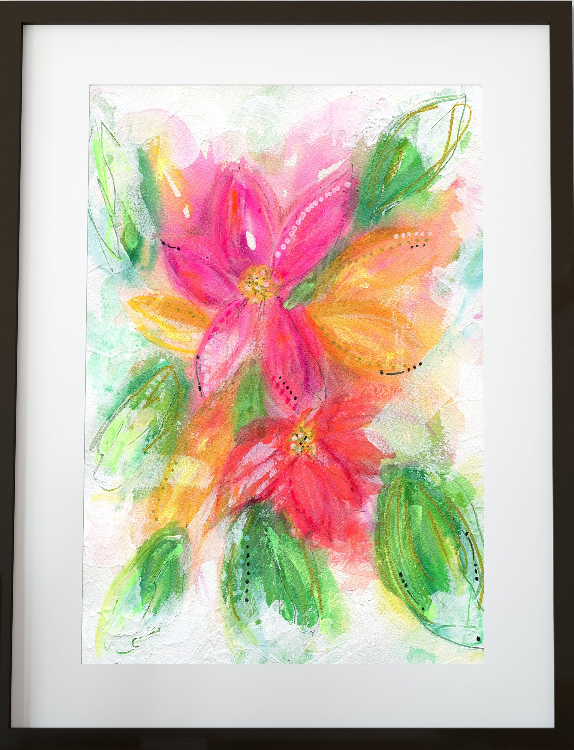 Pink and orange abstract hand painted flower painting