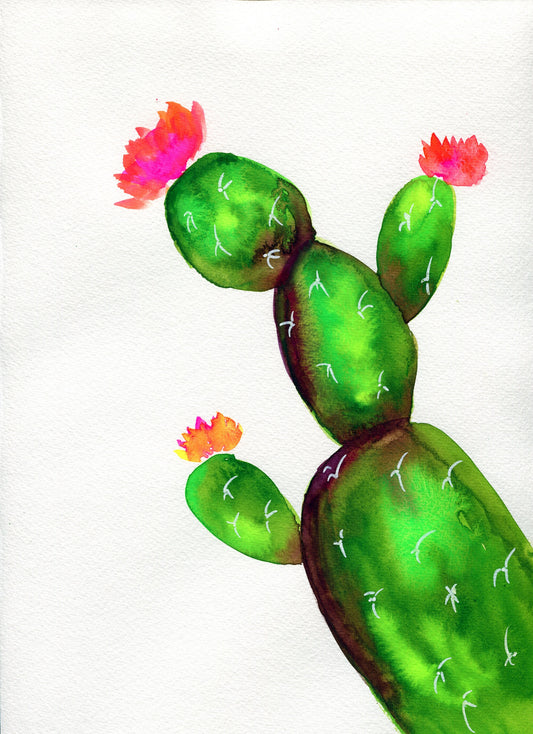 A hand-painted watercolor painting of a pink flowering cactus on a white background, with green cactus pads and pink flower buds.