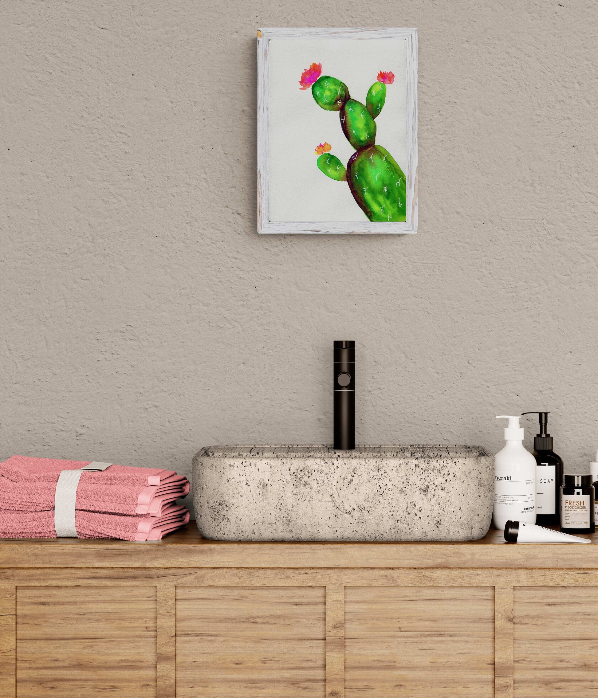 Pink and orange flowering cactus watercolor painting