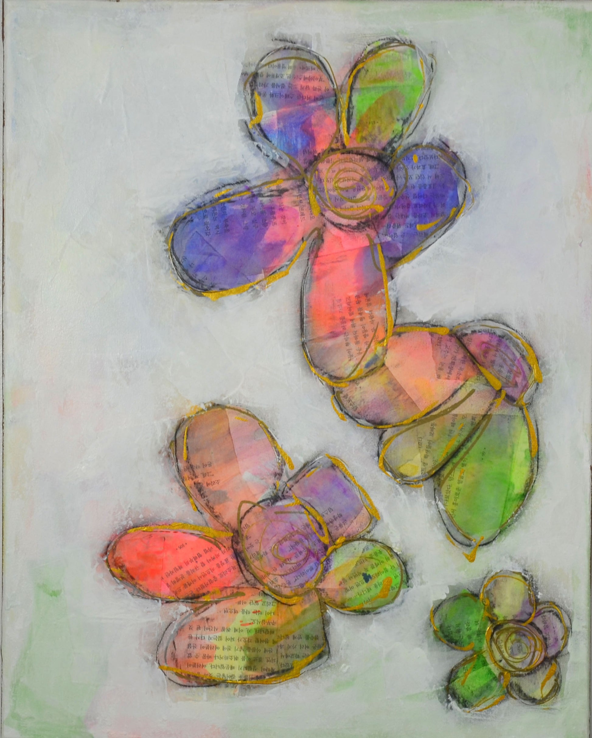 Pink and purple abstract flowers mixed media painting