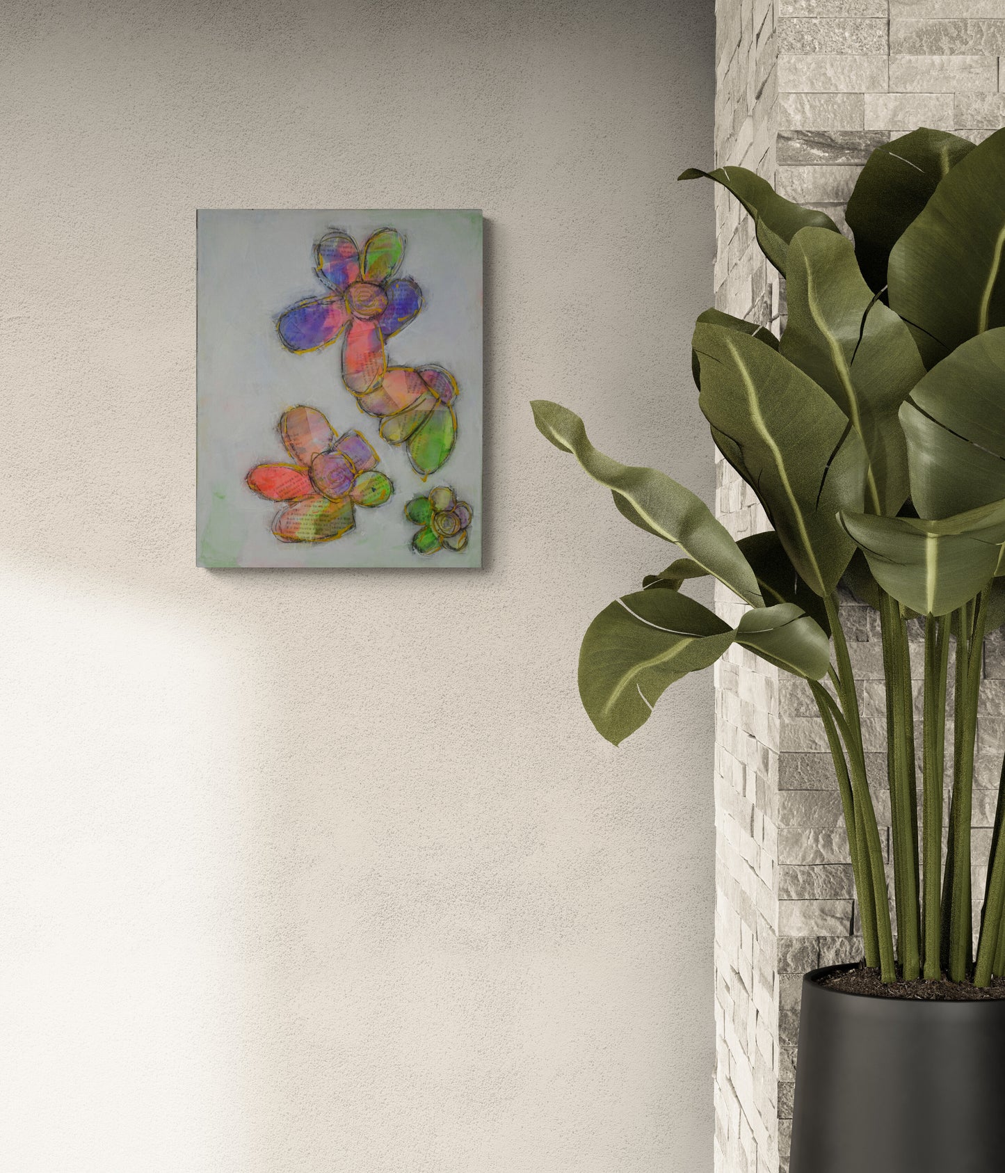 Pink and purple abstract flowers mixed media painting