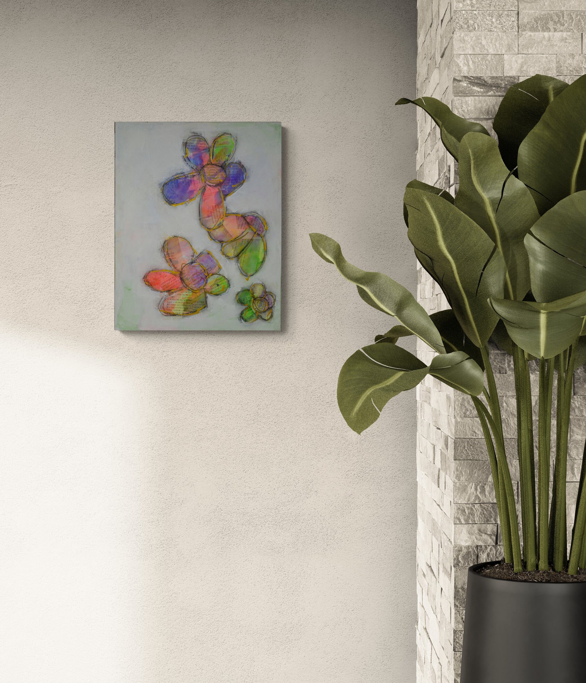 Pink and purple abstract flowers mixed media painting