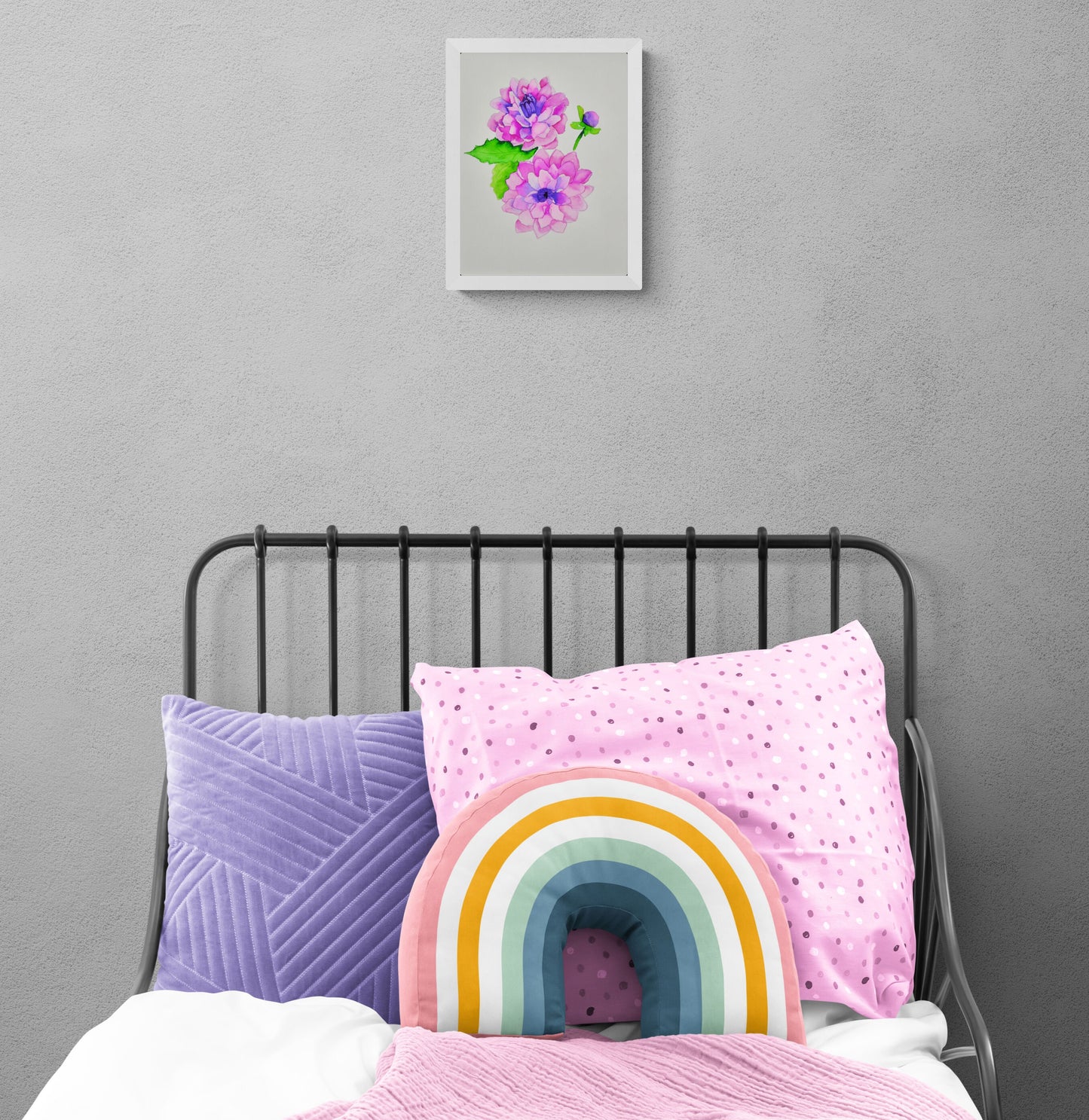 Pink and purple dahlias hand painted watercolor painting