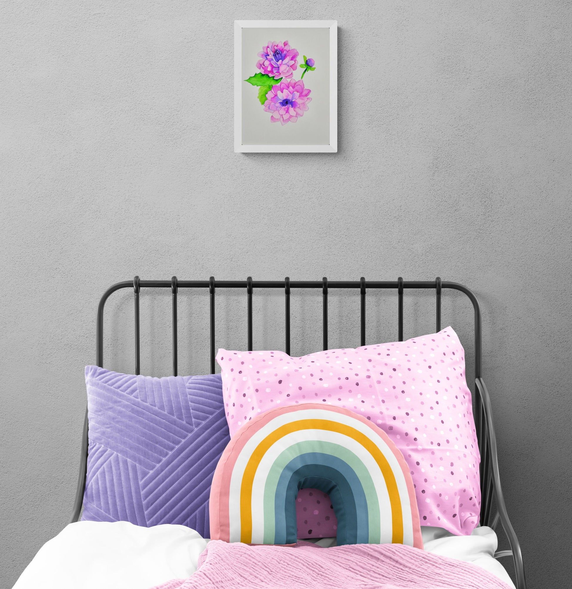 Pink and purple dahlias hand painted watercolor painting